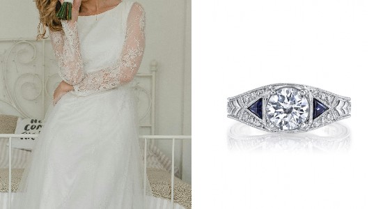 A bride standing in a bedroom in a vintage wedding dress, next to an image of a vintage engagement ring from MARS.