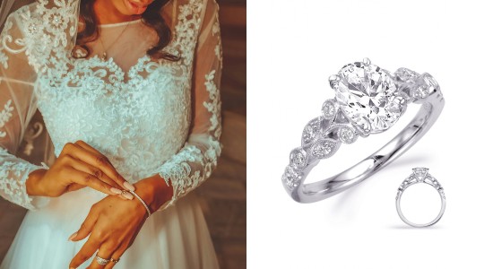 A woman wearing a long sleeve lace wedding gown, next to an image of a vintage style engagement ring from S. Kashi & Sons.