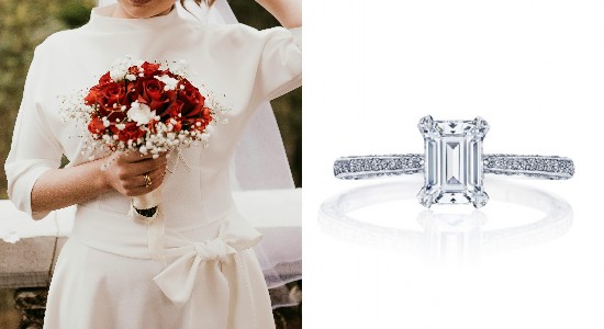 A woman in a high neck wedding gown, next to an image of an emerald cut engagement ring from TACORI.