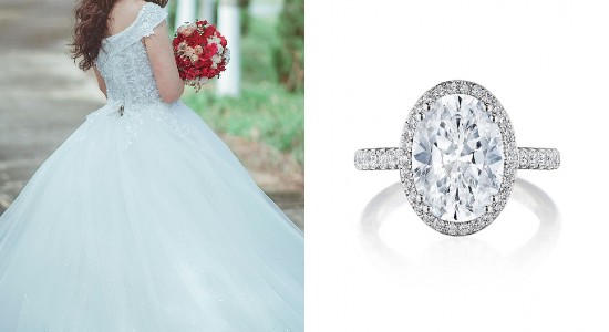 A woman in a tulle wedding gown holding a vibrant bouquet, next to an oval cut halo engagement ring from TACORI.