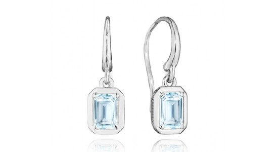 A pair of TACORI white gold drop earrings with bezel set blue topaz gemstones, available at Deutsch & Deutsch.